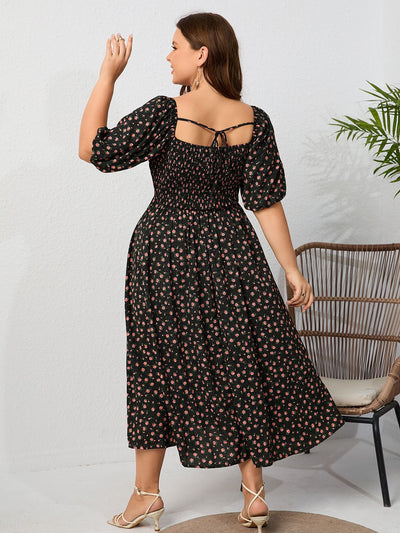 Print Black Square Backless Plus Size Dress