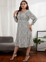 V-neck Long Sleeve Elastic Waist Slim Dress