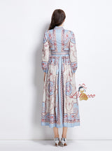 Retro Breasted Print Long Sleeve Dress