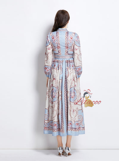 Retro Breasted Print Long Sleeve Dress