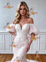 Mermaid Tulle Appliques Puff Sleeve Wedding Dress