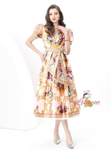 Long Printed Wrapped V-neck Dress