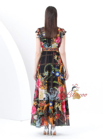 V-neck Slim Breasted Printed Slit Dress