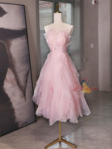 Pink Tulle See Through Neck Short Prom Dress