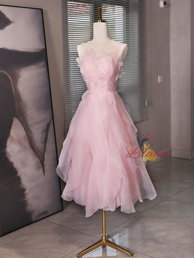 Pink Tulle See Through Neck Short Prom Dress