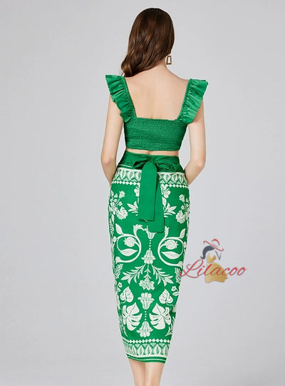 Contrast Printed Suspender Top+Strap Two-piece Suit