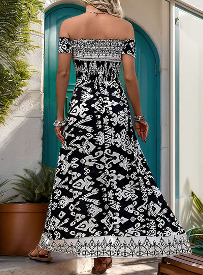 Striped Off the Shoulder Slit Dress