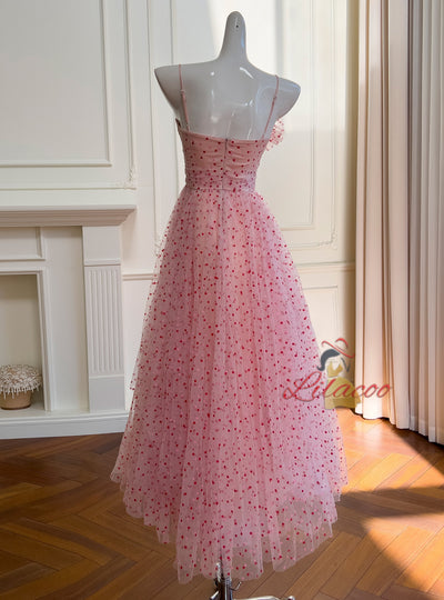 Pink Long Gauze Print Suspender Dress