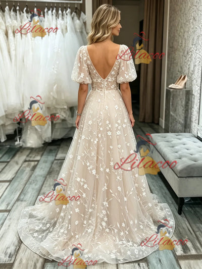 Champagne V-neck Lace Puff Sleeve Wedding Dress