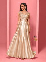 Champagne Satin V-neck Prom Dress