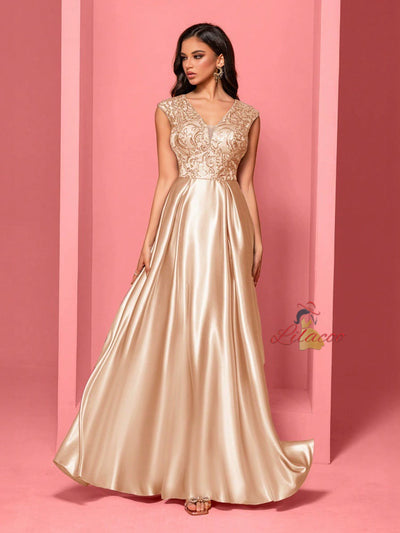 Champagne Satin V-neck Prom Dress