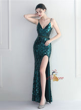 Mermaid Sequins Straps Split Prom Dress