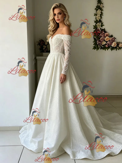 White Long Sleeve Lace Off the Shoulder Wedding Dress