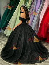 Black Sequisn Off the Shoulder Quinceanera Dress