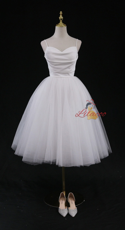 White Tulle Spaghetti Straps Short Wedding Dress