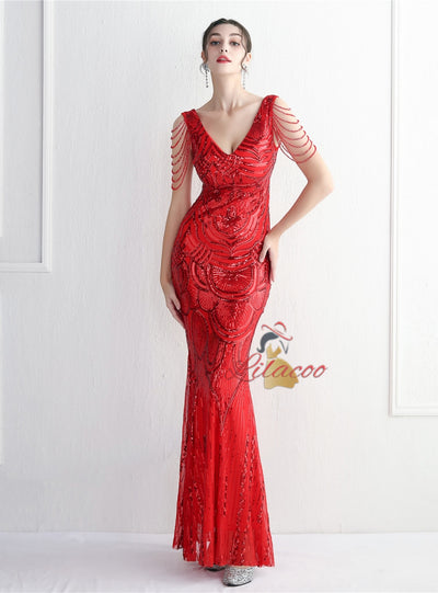 Mermaid V-neck Sequins Beading Prom Dress