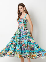 Printed Wood Ear Slim Long Retro Suspender Dress