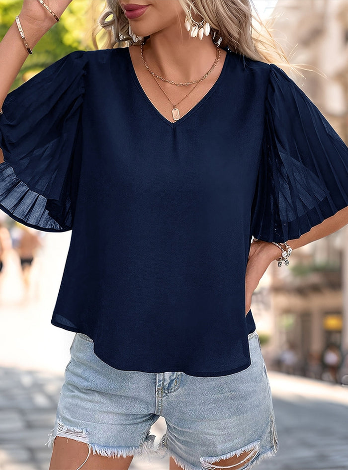 Summer Solid Color Pleated Short-sleeved Shirt