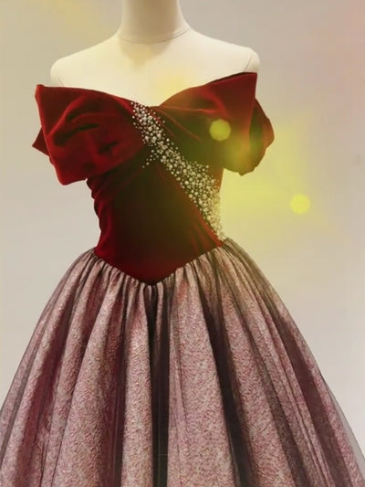 Burgundy Velvet Pleats Pearls Prom Dress