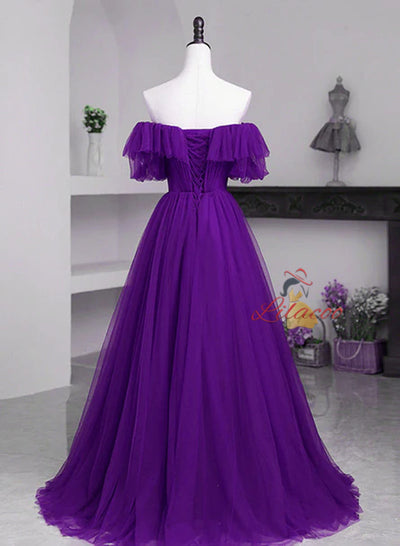 Dark Purple Tulle Pleats Prom Dress