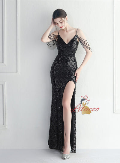 Spaghetti Straps Sequins Beading Prom Dress