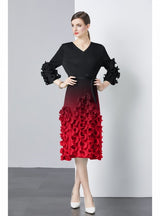 Folding Wooden Ear Ruffled Slim V-neck Gradient Dress