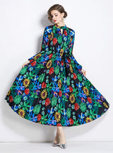 Printed Pleated Fringed Belt Dress