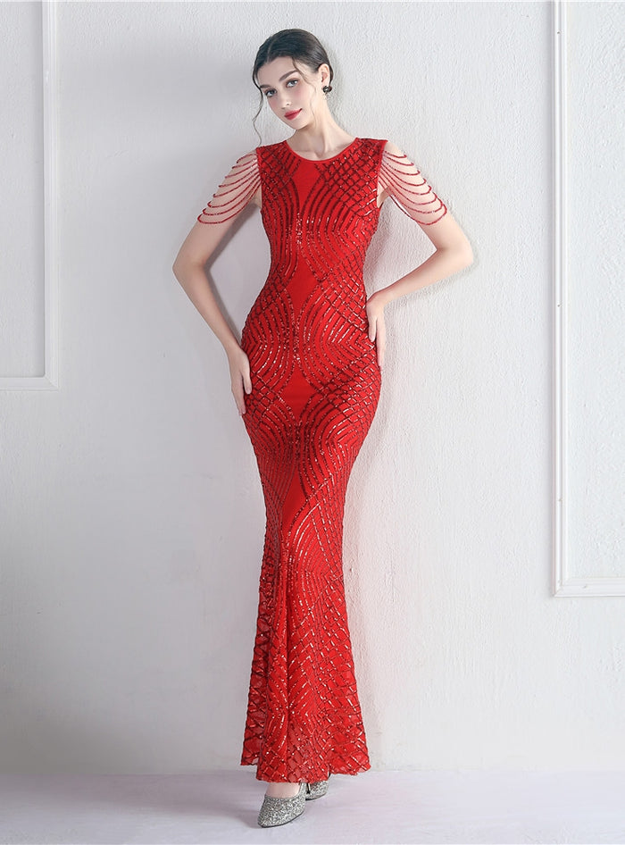 Mermaid Scoop Sequins Sleeveless Beading Prom Dress