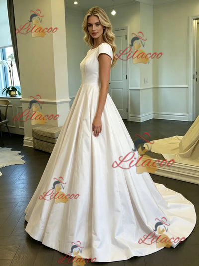 White Satin Scoop Neck Cap Sleeve Wedding Dress