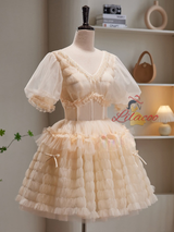 Champagne Tulle V-neck Beading Homecoming Dress