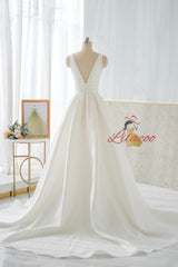 White Satin V-Neck Backless Wedding Dress