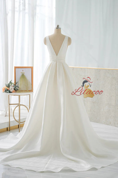 White Satin V-Neck Backless Wedding Dress