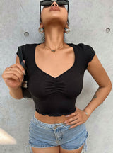 V-neck Pleated Slim T-shirt