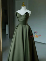 Green Satin Strapless Pleats Prom Dress