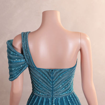 Yellow Tulle One Shoulder Beading Sequins Prom Dress
