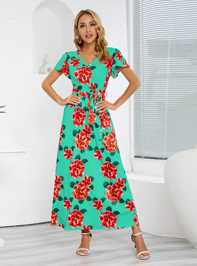 Short-sleeved V-neck Rose Print Dress