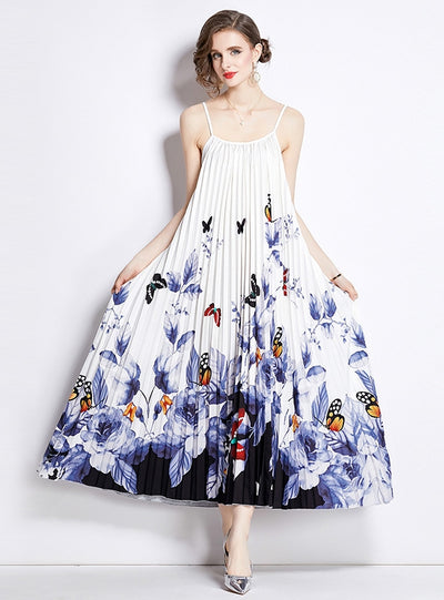 Printed Pleated Straps Dress