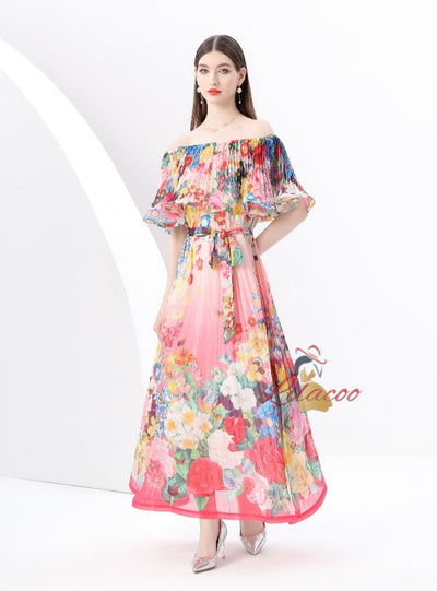 Off the Shoulder Holiday Print Long Dress