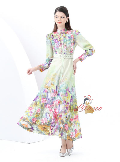 Retro Printed Long Sleeve Dress