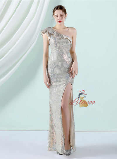 Sequins One Shoulder Split Prom Dress