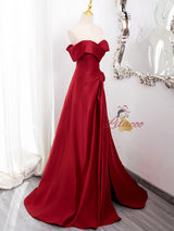 Burgundy Satin Pleats Split Prom Dress