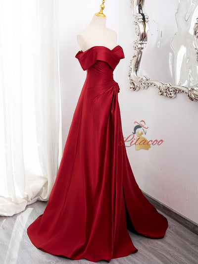 Burgundy Satin Pleats Split Prom Dress