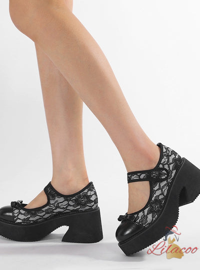 Waterproof Flower Lace Stitching Thick Heel Shoes