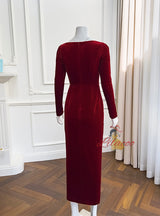 Burgundy Velvet Long Sleeve Split Prom Dress