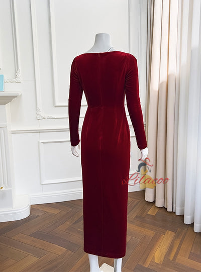 Burgundy Velvet Long Sleeve Split Prom Dress