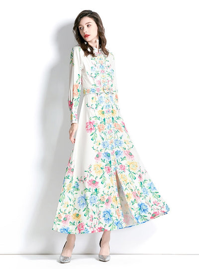 Long-sleeved Holiday Lantern Sleeve Printed Dress