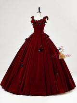 Burgundy Velvet Straps 3D Flower Bow Prom Dress