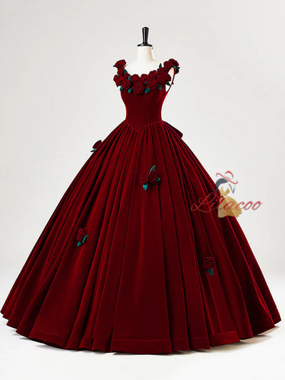Burgundy Velvet Straps 3D Flower Bow Prom Dress