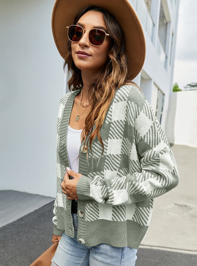 V-neck Loose Plaid Long Sleeve Sweater Coat