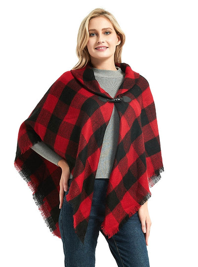 Lapel Horn Buckle Plaid Cloak Shawl